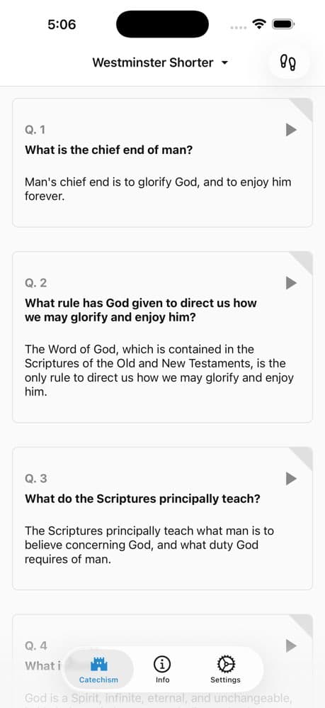 Catechism for Life iPhone app showing Westminster Shorter Catechism question cards