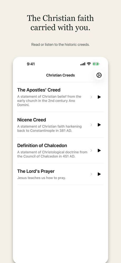 Creeds for Life iPhone app showing historic Christian creeds and the Lord’s Prayer