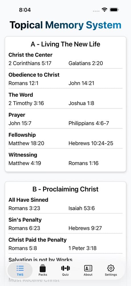 Verses for Life iPhone app showing Topical Memory System verse packs
